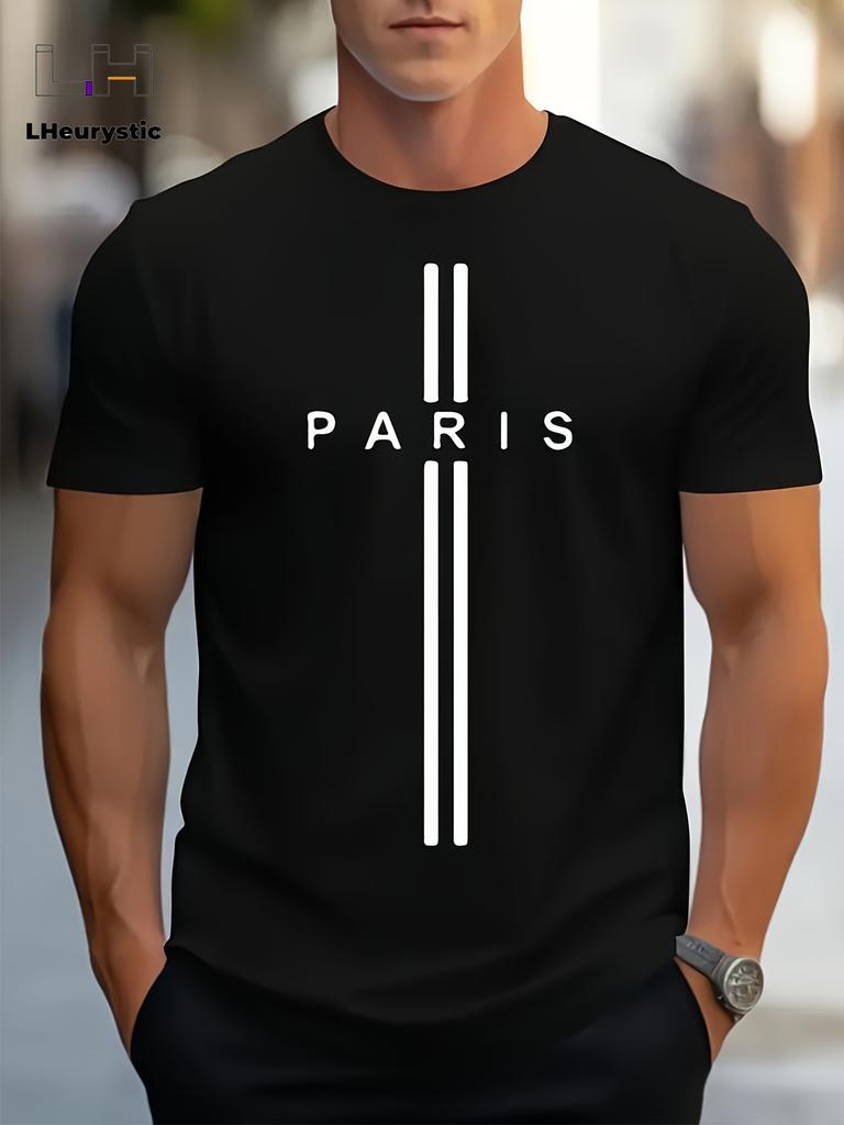 Men's 100% cotton summer loose size PARIS letter Graphic printed slim fit casual sports round neck short sleeved T-shirt top