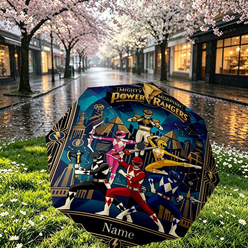 Custom Name Personalized Power Rangers Print Umbrella, Auto Open Close, 8‑Rib Sturdy Frame, Commute Camping Hiking Use, Birthday Gift