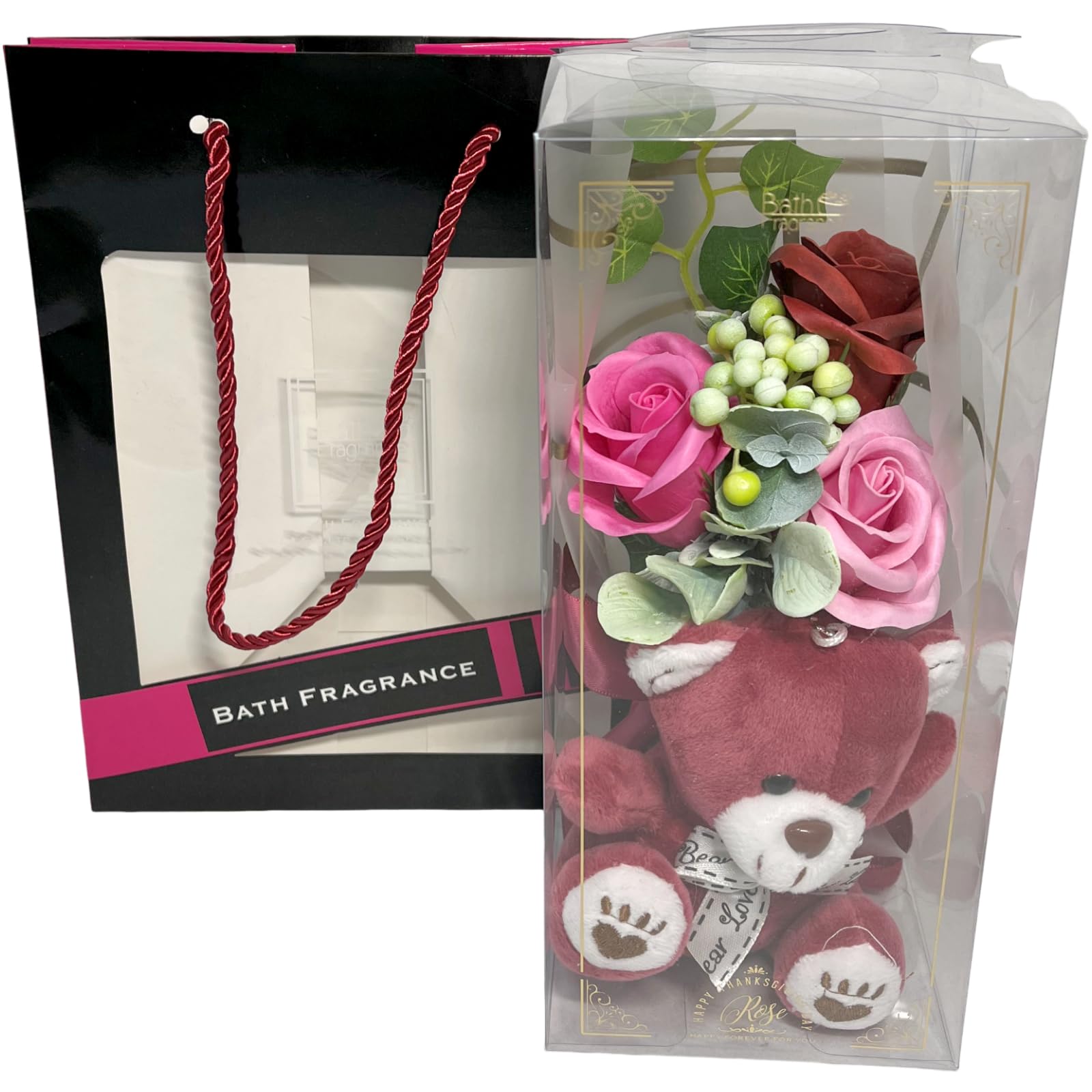 Kokoromo Bear Bath Fragrance Soap Flower Bath Additives Mini Rose Gift Plush Toy Perfect for Thank You and Product 840104 Q-FLA & Bouquet, Red, Bag,
