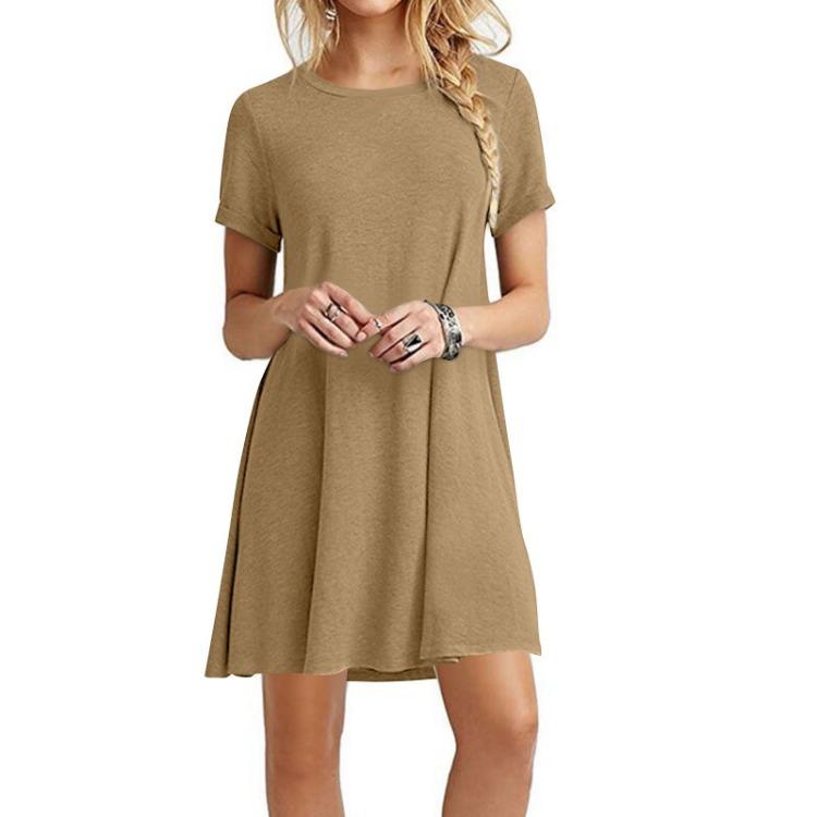 Summer Women Loose Solid Color Dress Short Sleeve Round Neck Large Size