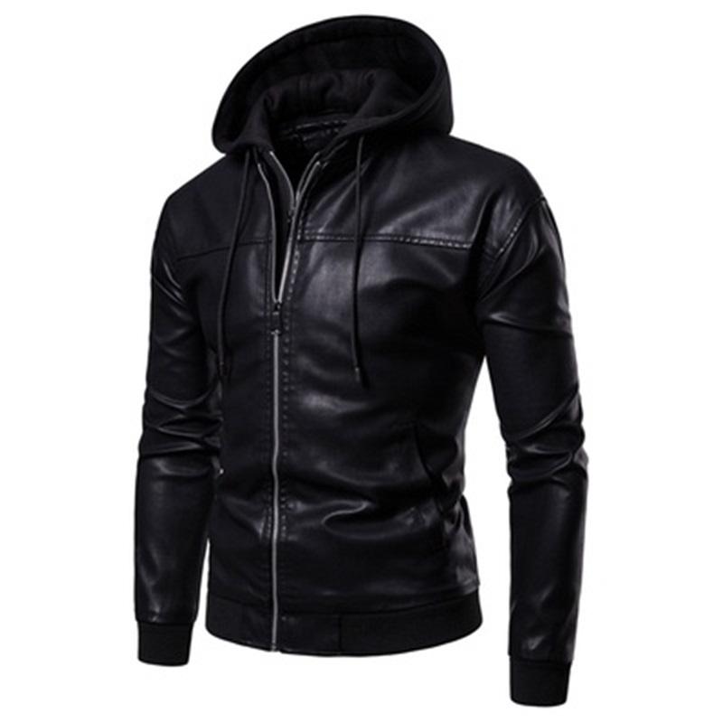 

Чоловіча шкіряна мотоциклетна куртка зі знімним капюшоном. Чоловічі повсякденні підроблені поліуретанові куртки з двох частин. Модна чорна вулична куртка XXXL чорний