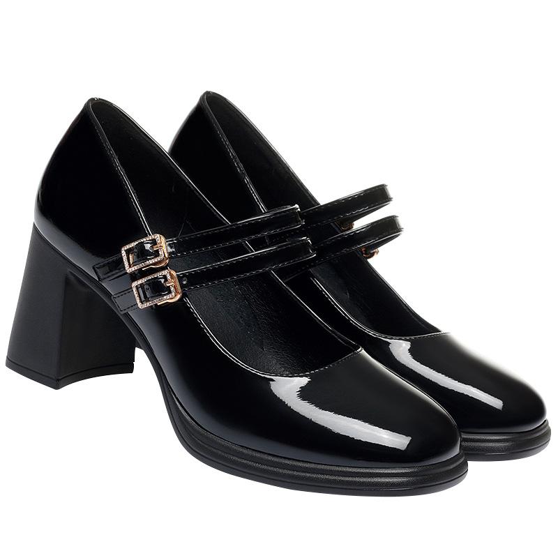 Autumn Cowhide Patent Leather Women High Heeled Shoes Fashion Elegant Trend Shoes Black White Non-slip Thick Heels Gentle Simple