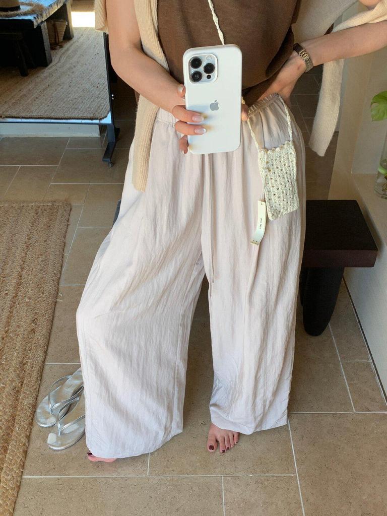 Women's Lemon Green Tea Relaxed Fit Elastic Waist Wide-Leg Pants - Slimming, Loose, Straight, Casual, Long (2026)