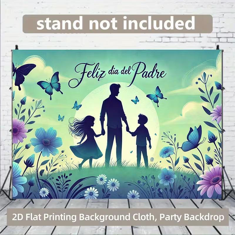 Warm Father's Day Backdrop, Gentle Green and Blue Scene with Father, Kids, Butterflies and Flowers, Heartfelt and Sentimental Wall Art