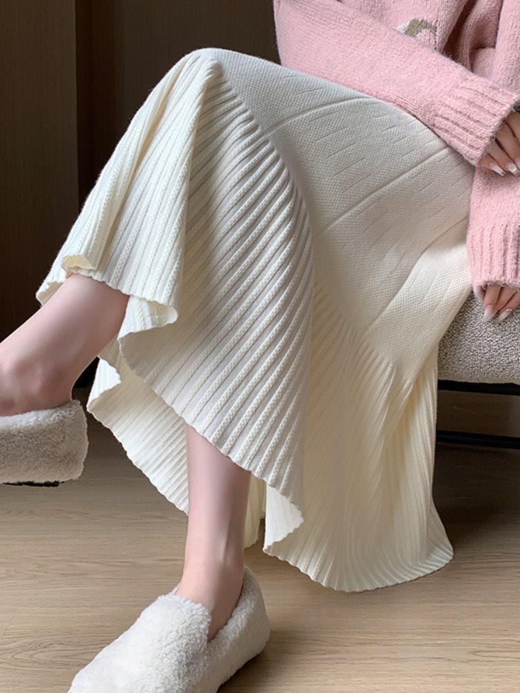 2025 New Women's High Waist Knitted A-line Pleated Midi Skirt for Autumn/Winter