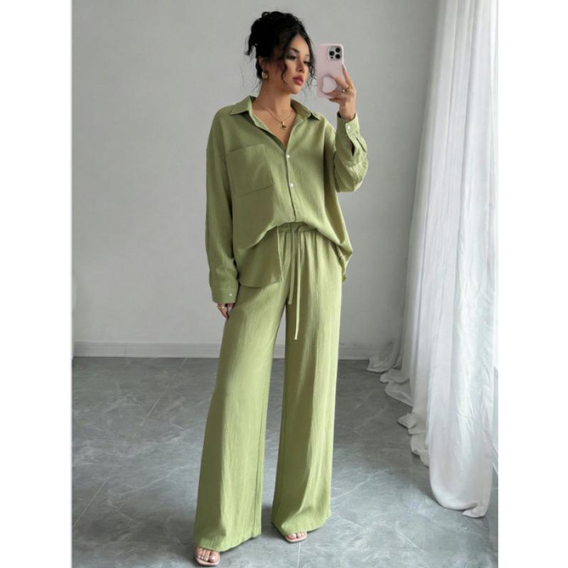 Spring Fashion Plus-Size Women's Two-Piece Set: Linen-Style Shirt & High-Waisted Loose Pants