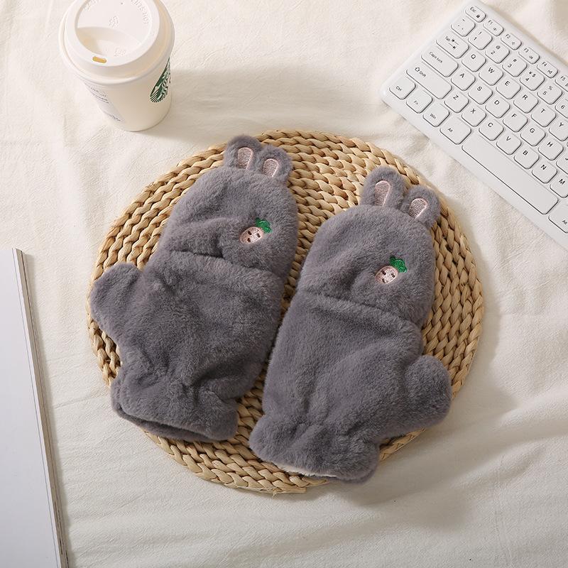 Cute Rabbit Gloves Women's Autumn and Winter Fleece Thickened Casual Windproof Cute Warm Plush Full Finger Neck