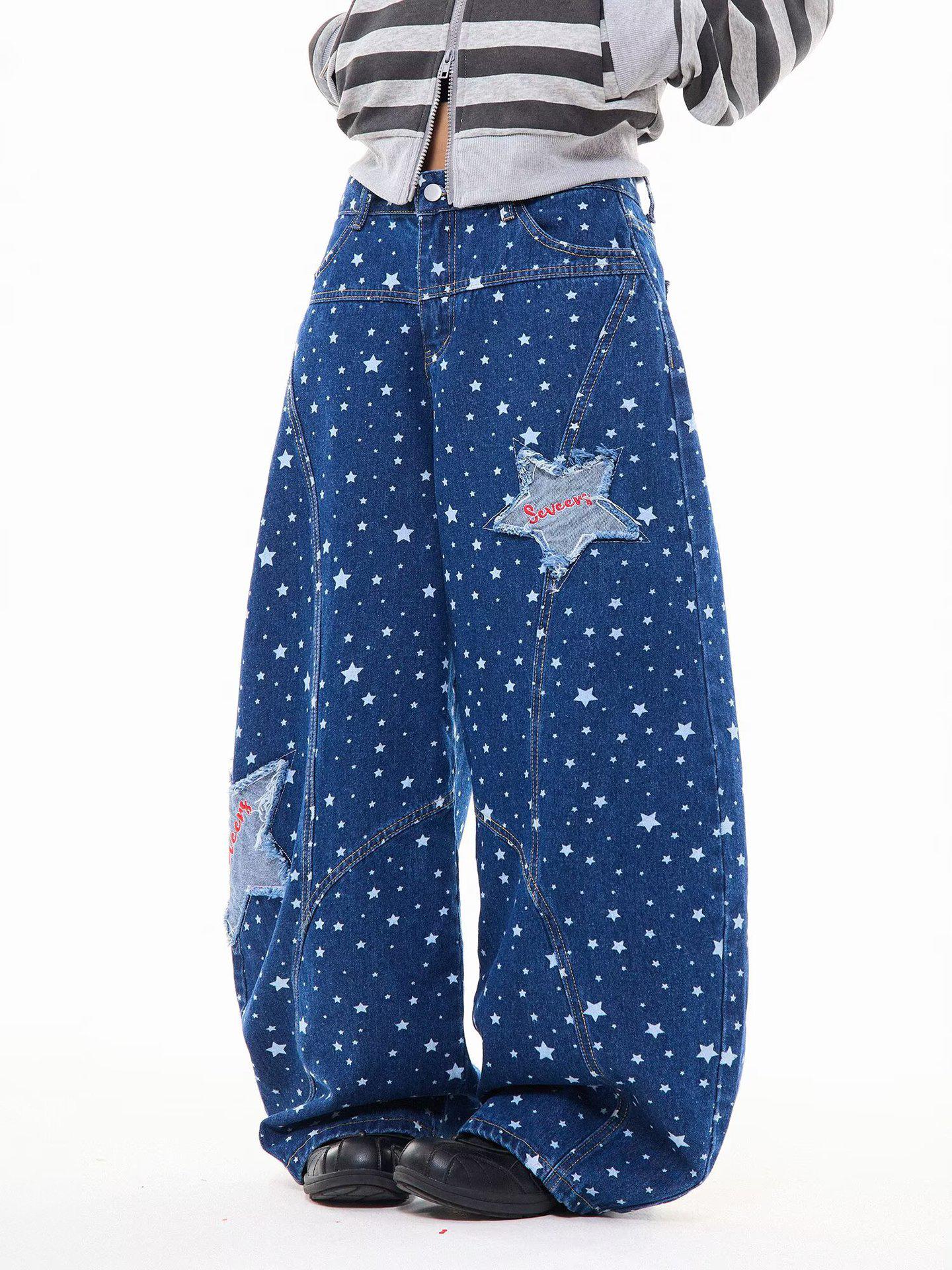 Y2K Retro Star Embroidered Wide-Leg High-Waisted Jeans for Women XL