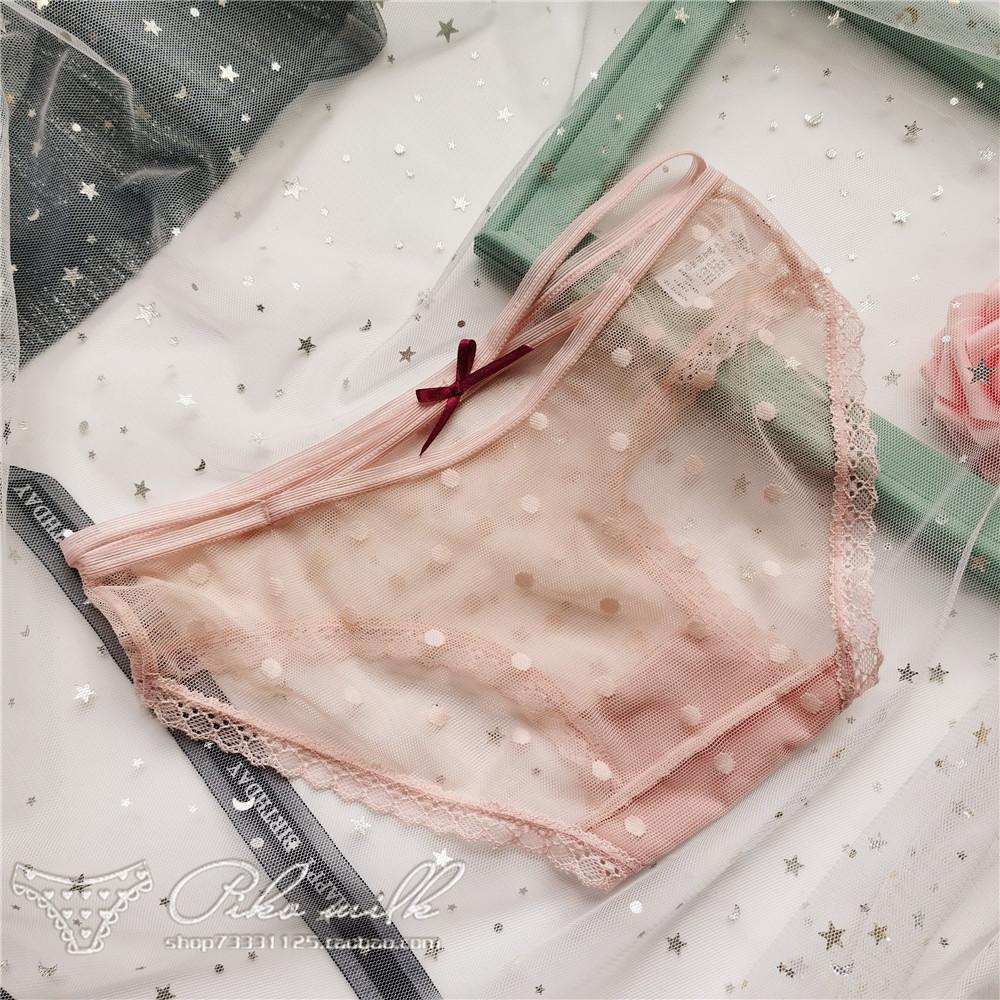 Roztomilé krajkové spodní prádlo s puntíkovanou síťovinou, s průstřihy a křížením na zádech, kalhotky s nízkým pasem, sexy roztomilé dámské kalhotky