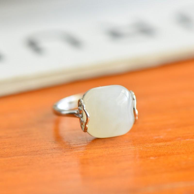 Adjustable Open Ring Women Men Vintage Style Geometric Square Jade-Inspired Copper Statement