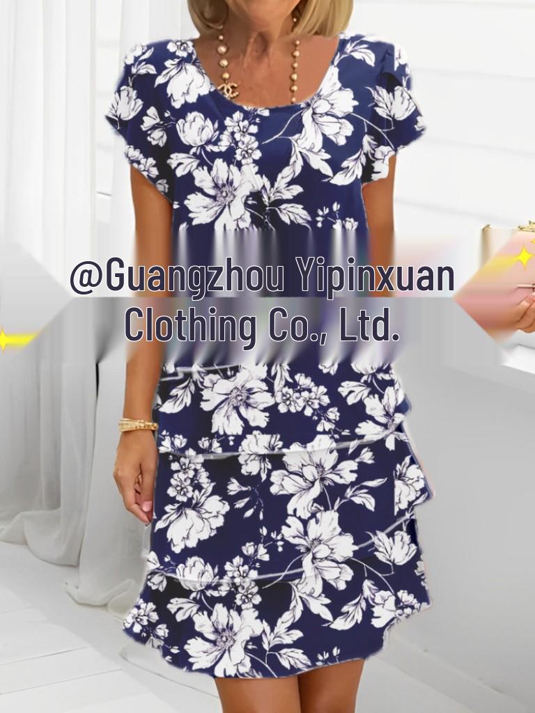 European and American 3D Print Short Sleeve Chiffon Dress