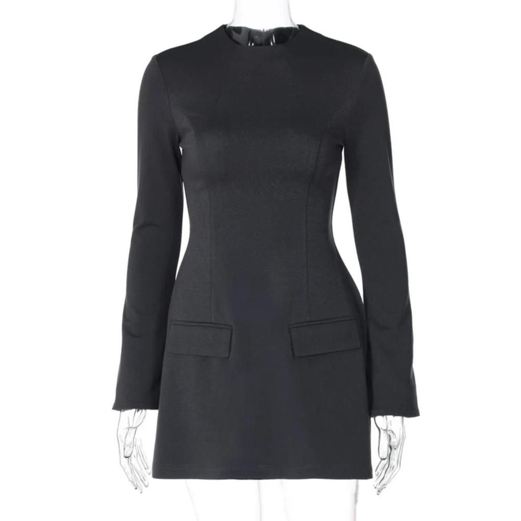 LYRIA Mini šaty bodycon na zip s dlouhým rukávem a kapsou, jednobarevný elegantní outfit, kancelářský streetwear, dámské podzimní zimní oblečení