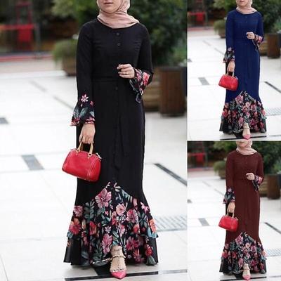 Women's Fashion Floral Patchwork Dubai Abaya Sleeve Floor Length Arab Muslim Islamic Dress S~5XL