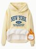 European/American Style Fleece-Lined Hoodie with New York Print and Kangaroo Pocket for Women - Autumn/Winter