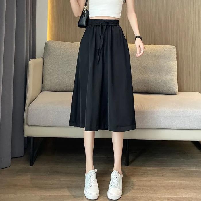 

Satin wide-leg culottes women s summer new casual pants high waist drape loose and thin A-shaped cropped pants 3XL чорний