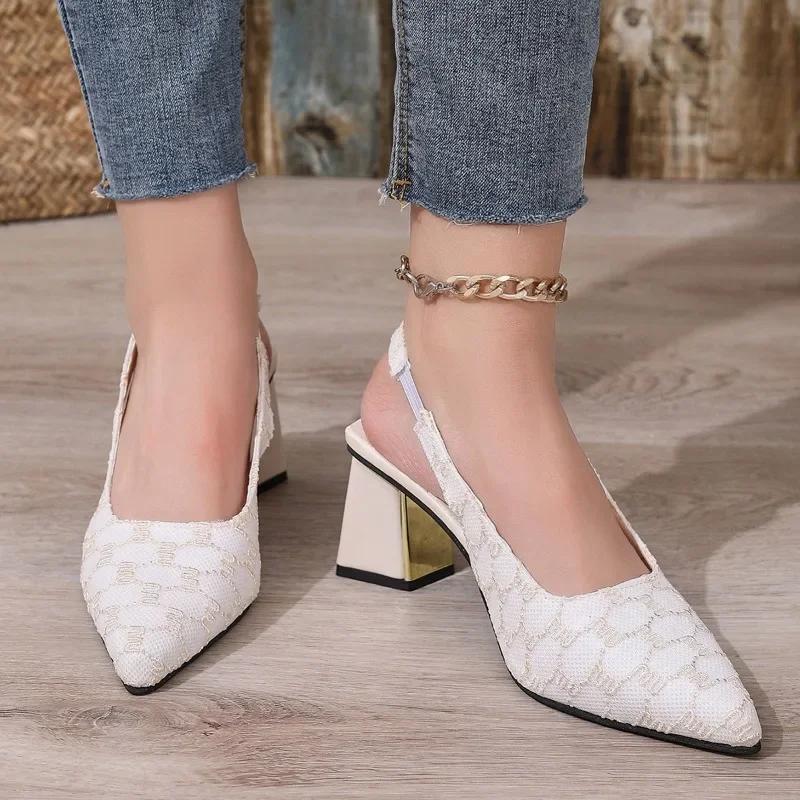 Fashion Women's High Heels 2025 New Fashion Pointed Toe Shallow Chunky Heels Classic Outdoors Concise Slingbacks Shoes for Sandals