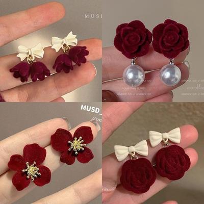 Shiny Side Fashion Jewelry Red Rose Flower Long Dangle Earrings for Women Sexy Elegant Korean Tassel Earrings