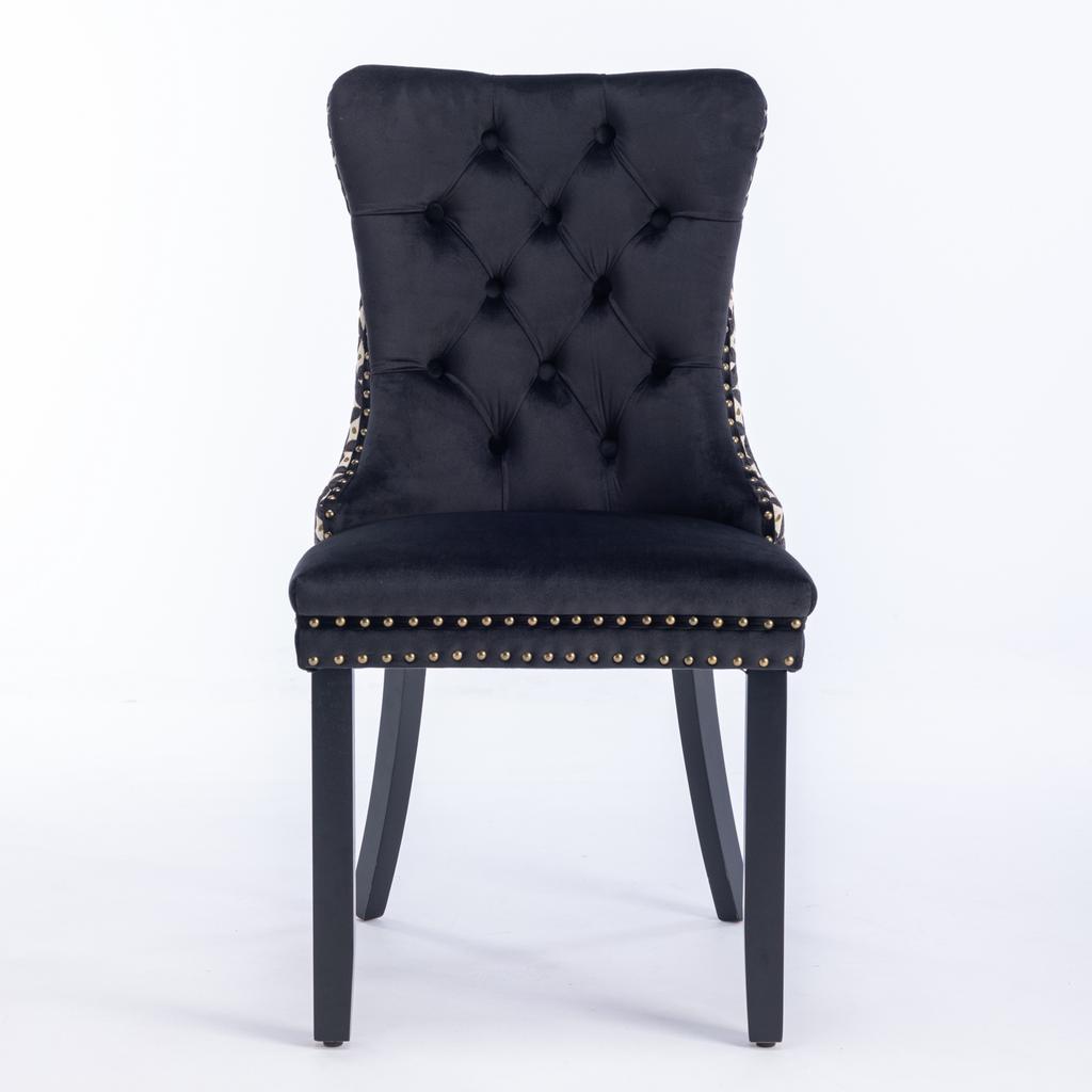Dining Chairs Set of 2, Hand-Tufted Velvet, Back with Gold Thread Geometric Pattern, Nail Head Trim & Metal Pull Ring, Solid Wood Legs,DE2201BK