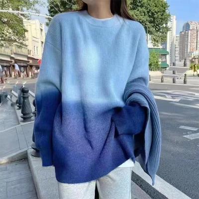 Loose Sweater Women's Crew Neck Gradient Knit Pullover