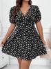 Europese & Amerikaanse Plus Size Boheemse Casual Jurk met V-hals en Korte Mouwen met Bloemenprint