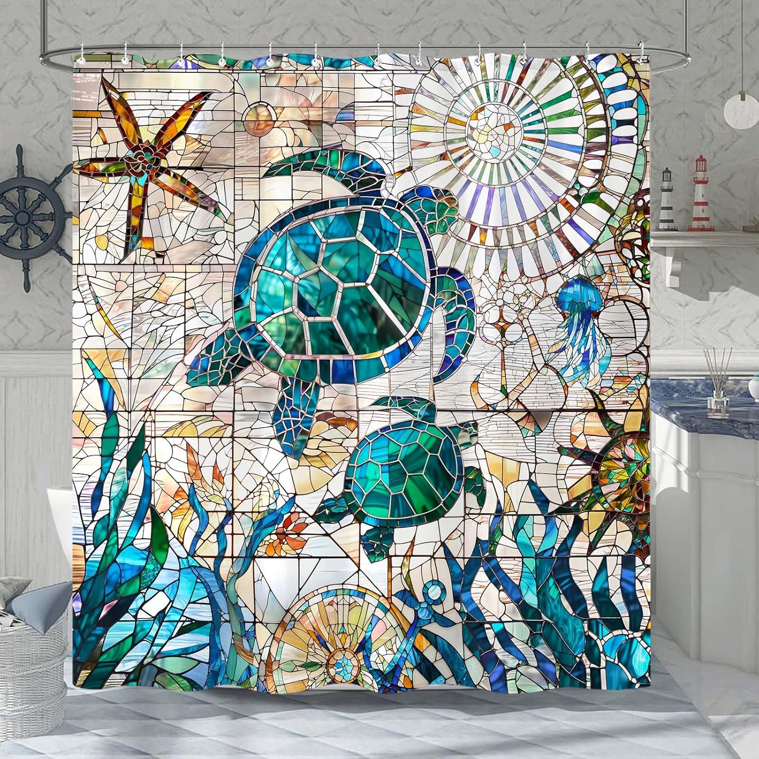 

Stained Glass Turtle Shower Curtain Sea Life Art Ocean Pattern Starfish Jellyfish Mosaic Design Bath Decor Waterproof Fabric W60H190(CM)-1 Pcs