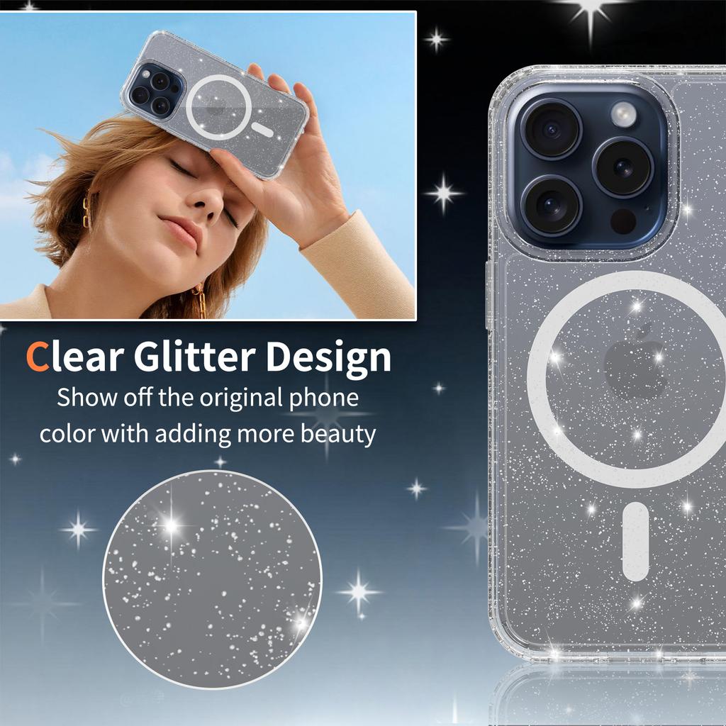 Anti-Yellowing Glitter Clear Case for Magsafe Iphone 17 Air 16 E 15 15Pro 14 Plus 13 Pro Max 13Pro 14Pro 16Pro 17Pro Mag Safe Phone Cover