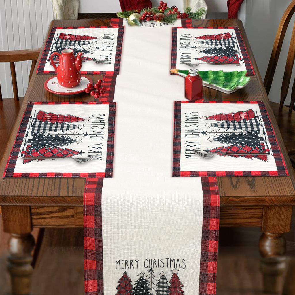 Christmas Table Runner and Placemat Set Merry Christmas Decoration for Home 2024 Xmas Ornaments Navidad Natal New Year Gift 2025