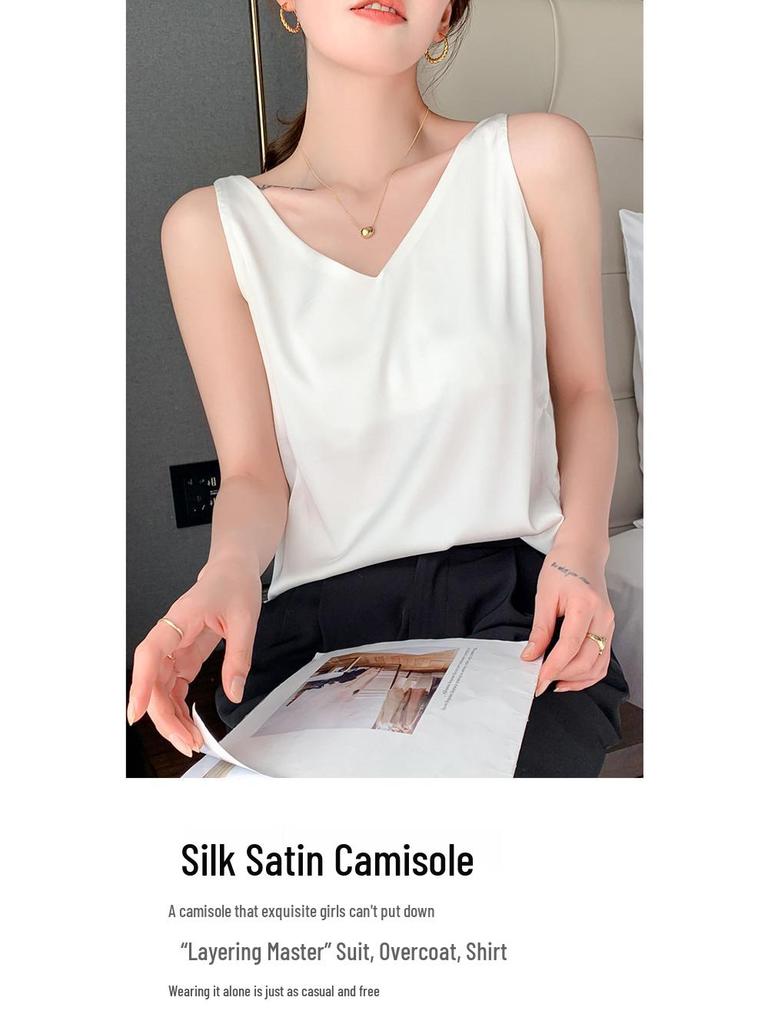 Women's V-Neck Mulberry Silk Camisole - Satin Inner/Outer Wear, Plus Size, Summer Top