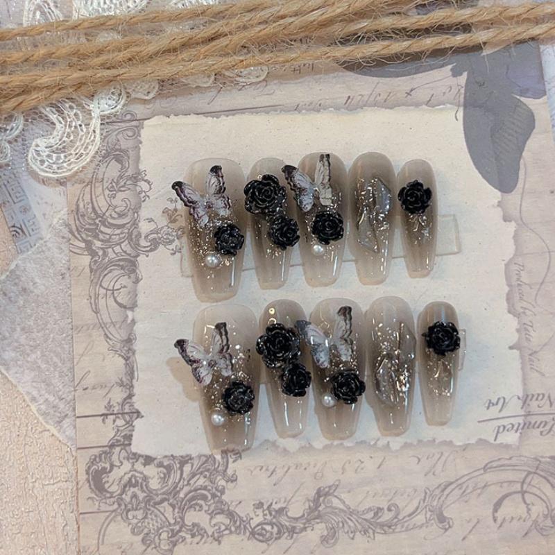 

Искусственные черные ногти Ледяная камелия Бабочка Длинный стиль Маникюр Накладные ногти XS