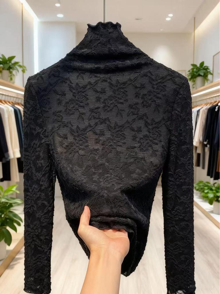 Women's High-Neck Lace Jacquard Base Layer Top - Fleece or Thin-Lined for Autumn & Winter Warmth.