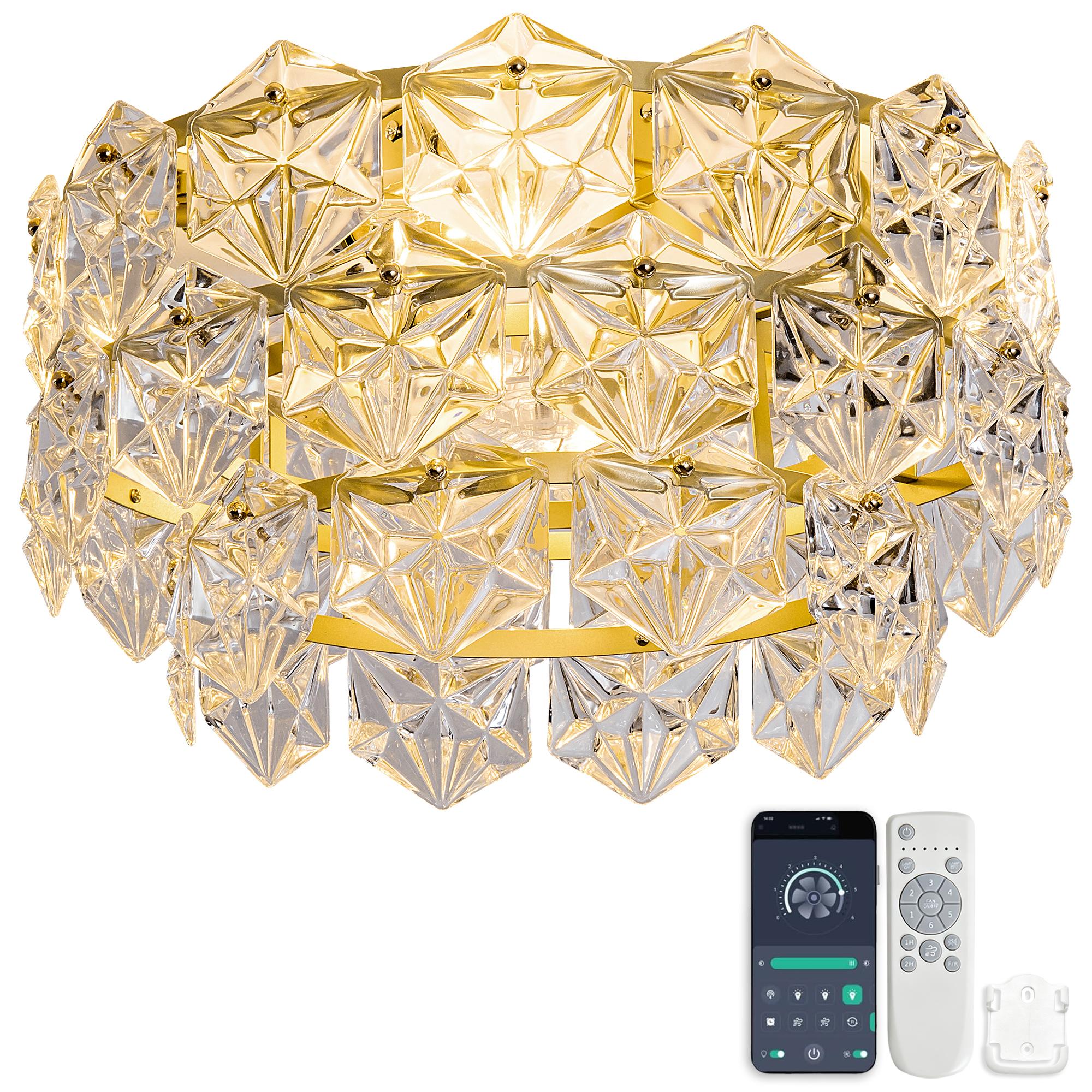 Ventilador de Teto de 19 Polegadas com Lustre de Cristal, Cor Dourada, com Padrão de Diamante, Pás de ABS, Controle por Aplicativo e Controle Remoto, 6 Velocidades, Reversível 50 x 50 x 29.5 cm