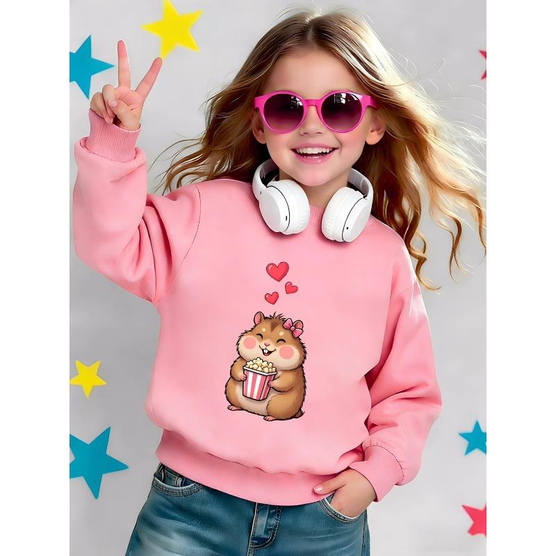 Cute Cartoon Mouse Print Pattern 0-3 Years Girls' Comfortable Spring Lightweight Crew Neck Sweatshirt, Adorable Design Suitable for Outdoor Wear
