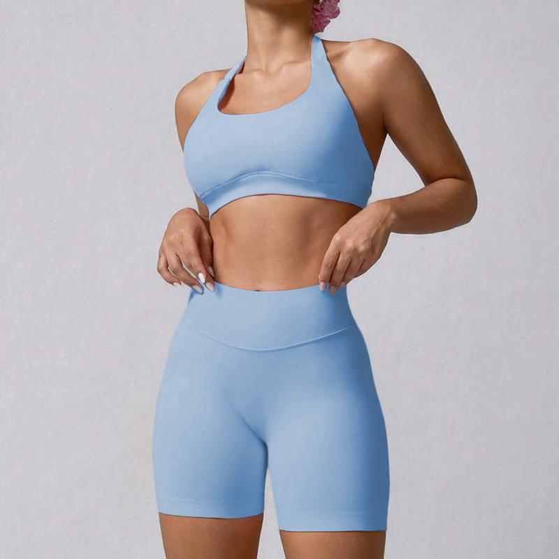 Summer neck high-end sports underwear yoga shorts set, a set of running fitness yoga clothes set for women