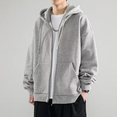 Herren Kapuzenpullover mit durchgehendem Reißverschluss, einfarbig, mit Fleece gefüttert, für Frühling & Herbst, lockere Passform, vielseitiger Hong Kong Stil