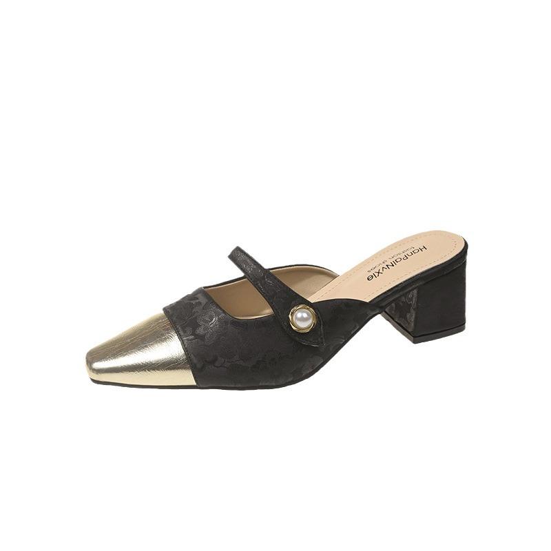 2024 Korean version of spring and summer new new Chinese style splicing bag head half slippers low heel thick heel temperament cool slippers