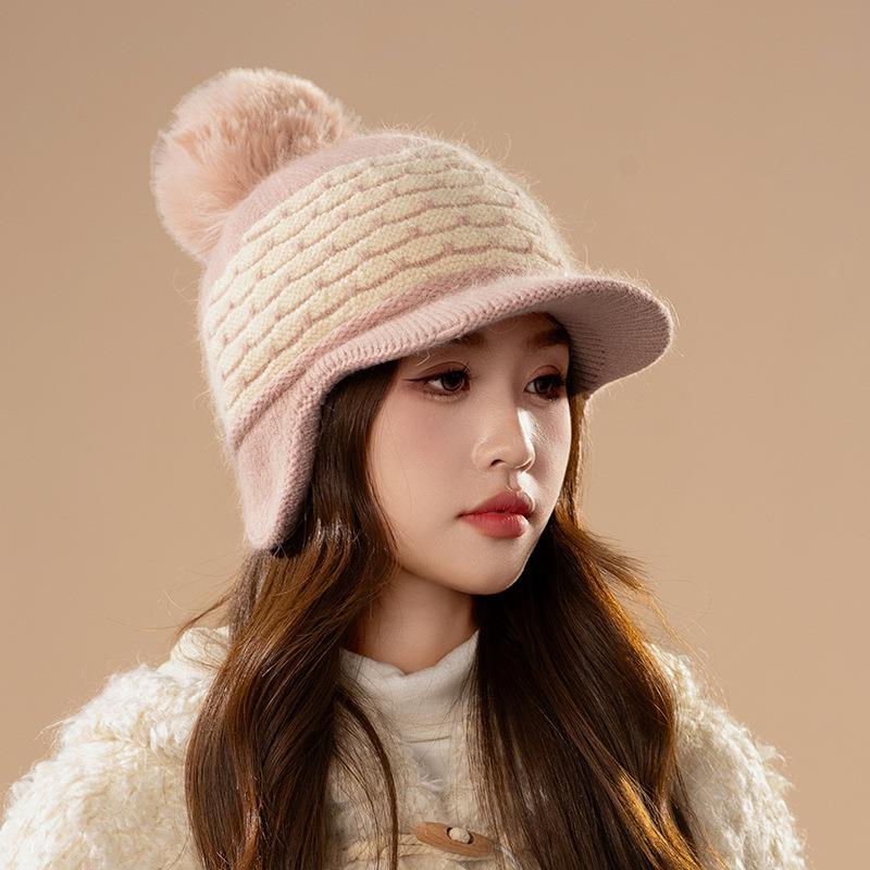 Winter Faux Rabbit Fur Fleece Thickened Ear Protectors Knitted Wool Hat Women Travel Outdoors Warm Fashion Hat Women