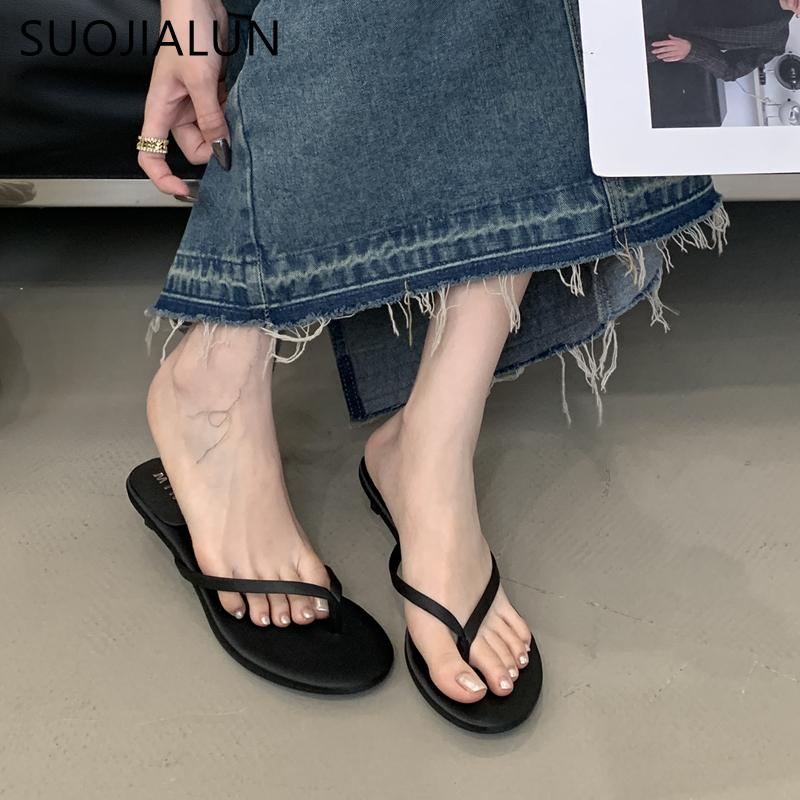 Fashion SUOJIALUN 2025 Summer New Brand Slipper Fashion Narrow Band Slip On Flip Flop Shoes Thin Low Heel Outdoor Dress Sandal Slides Sh