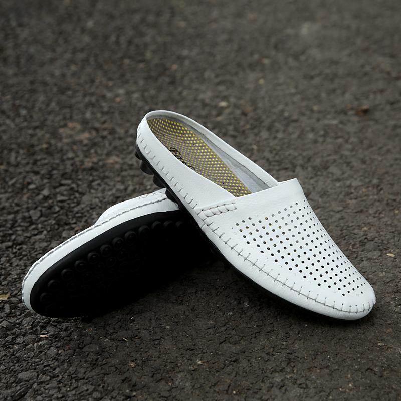 Breathable Mens Half Slippers Genuine Leathe Male Muller Shoes Summer Male Comfy Flats Lazy Loafers Soft Handmade Casual Shoes