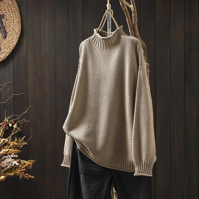 Damski Oversize Luźny Sweter z Dzianiny z Golfem Zimowy Casualowy Pulower z Haftem 3D