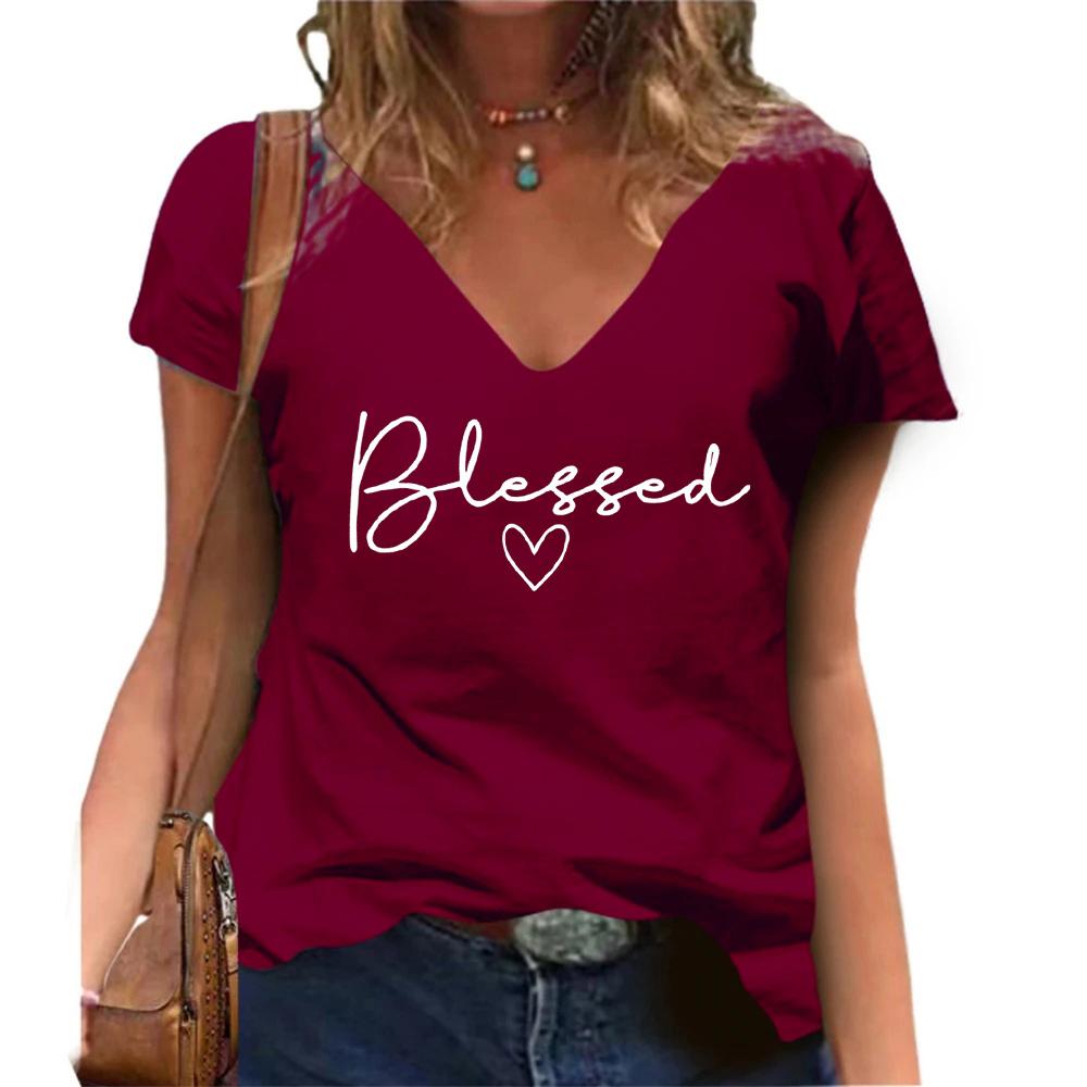 Gesegnetes bedrucktes V-Ausschnitt T-Shirt lässig kurzärmlig Damenmode Streetwear Oversized V-Ausschnitt