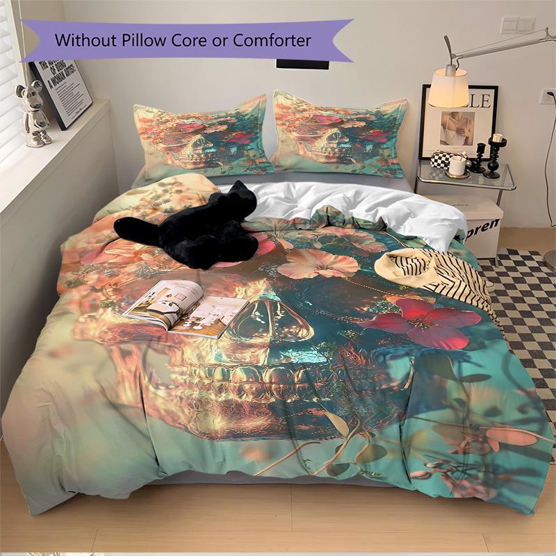 3pcs Floral Skull Duvet Cover Set - Machine Washable, Includes 1 Cover and 2 Pillowcases, No Core Included yy251013099