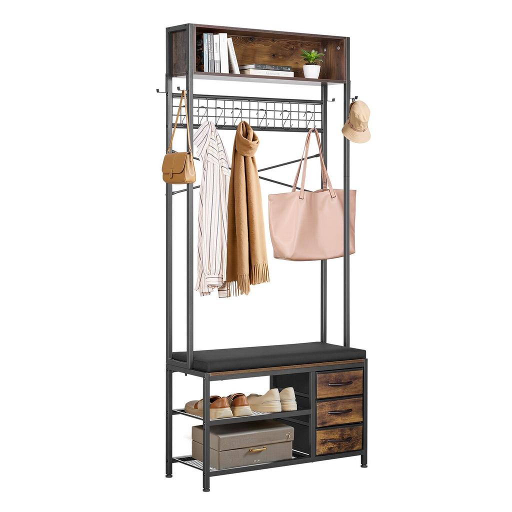 Hall Tree, 1800 mm Coat Rack with Shoe Bench & 3 Drawers, 3-in-1 Freestanding Shoe Rack Storage Organizer with Bookshelf & Wire Shelf, Steel Frame