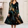 Women Plus Size V Neck Long Sleeve Teal Brown Printed A Line Flared Dress With Belt