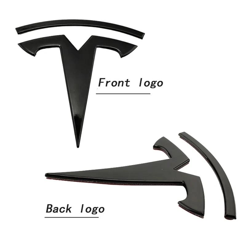 Tesla Model 3/Y Car Exterior Decoration Parts - Metal Blackened Logo Emblem Front Bumper & Rear Trunk Logo Replacement Kit