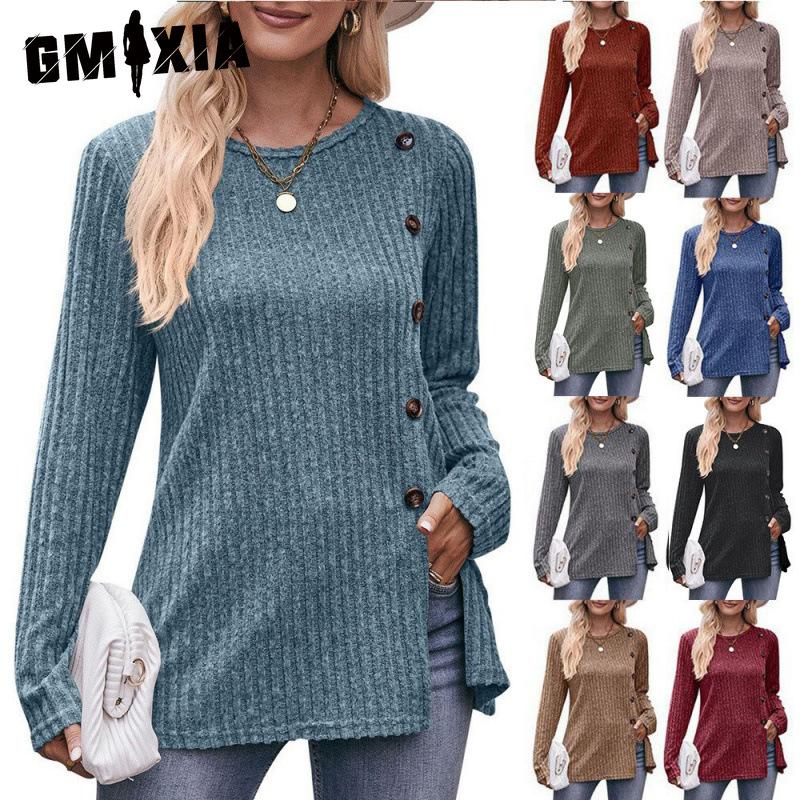 GMXIA Women's Autumn Button Fashion Solid Color Long-sleeved T-shirt