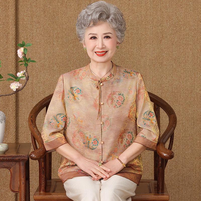 

Spring/Summer Floral Loose Shirt for Elderly Women - Stylish Chinese National Style Top 4XL (135-145 lbs)
