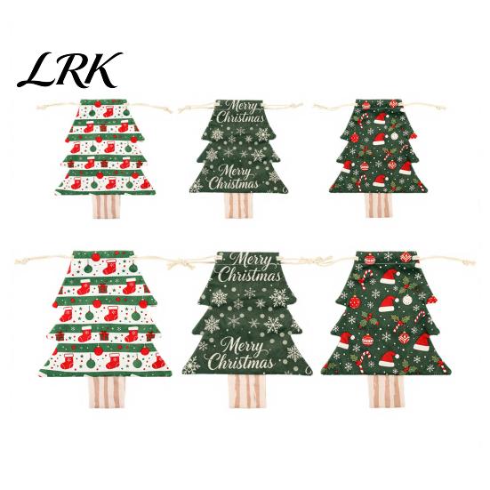 Flannel Christmas Decorations Tree Shaped Drawstring Gift Bags, Xmas Hanging Treat Sacks, Seasonal Home Decor Holiday Candy Small Storage Pouches for
