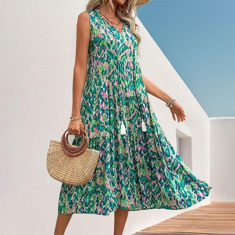 Elegant Women Autumn Winter Fashion High Waist Pleated Sleeveless Dress Lace Up Print Color