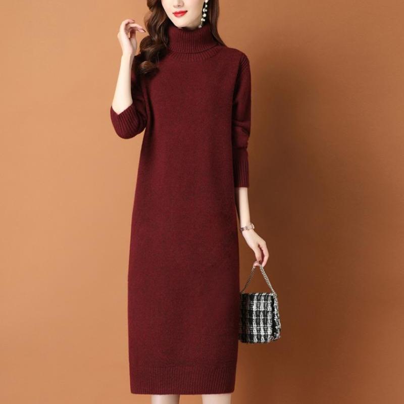 Turtleneck Sweater Dress for Women Solid Color Mid-length Knee-length Knitted Sweater Loose Long-sleeved Pullover Autumn and Winter