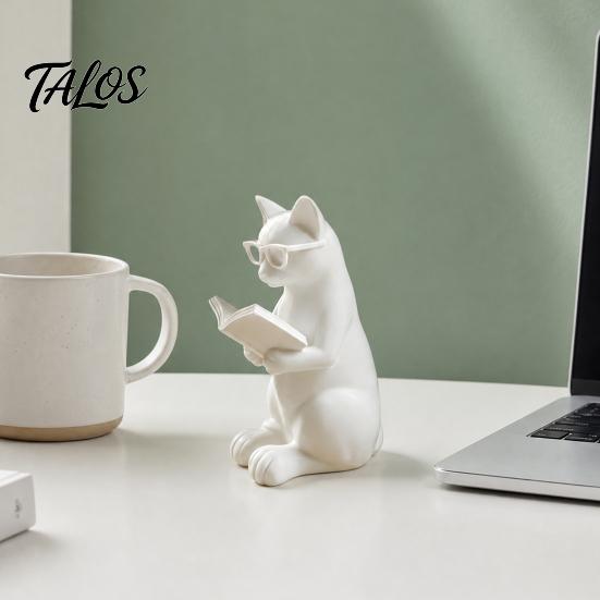 Décoration Chat de Bureau Figurine de Lecture Imprimée en 3D, Ornement Décoratif avec Base Lestée Antidérapante, Pièce d'Art Paresseuse Statue Intellectuelle Œil